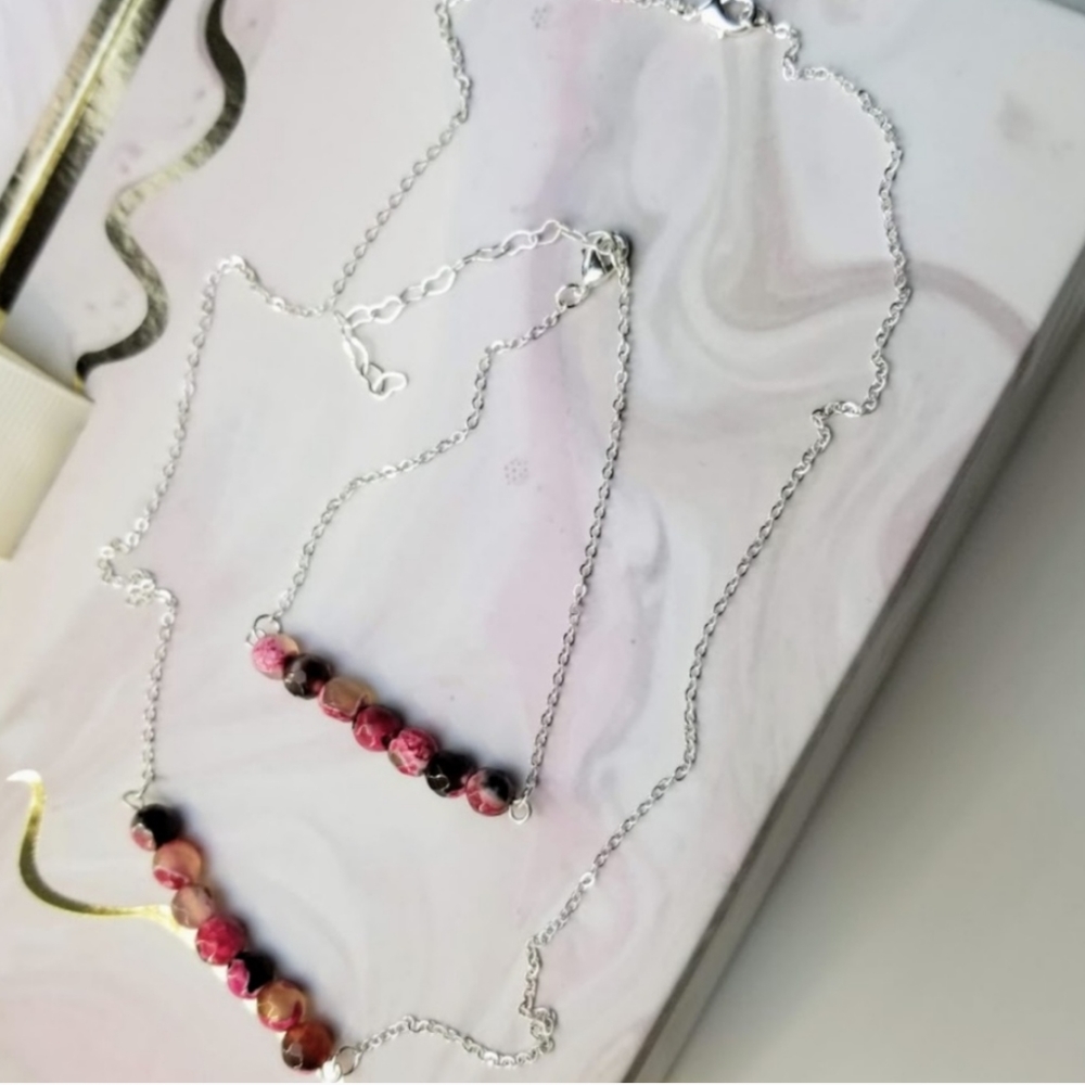 Fuchsia Fire Agate Gem Sterling Silver Necklace and Bracelet Set